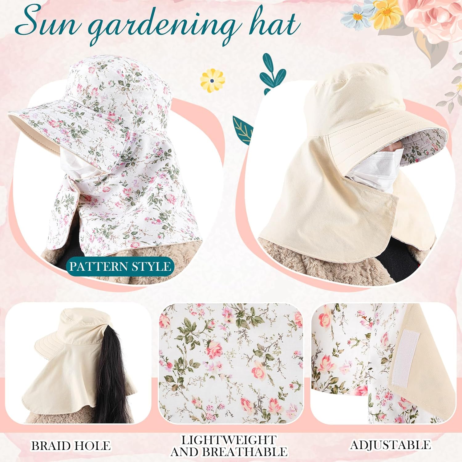 2 Pcs Floral Garden Hat for Wo - Sun Hat Wide Brim บทวิจารณ์และราคา
