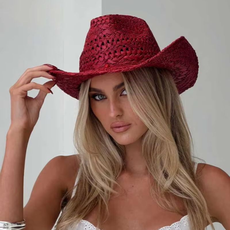 Cowboy hat red hand-painted su - Cowboy Hat Straw บทวิจารณ์และราคา